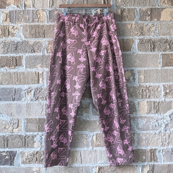 Lazy Oaf Pants - Lazy Oaf Spellout Mushroom People Taper Leg Pants Brown Pink Size US 8